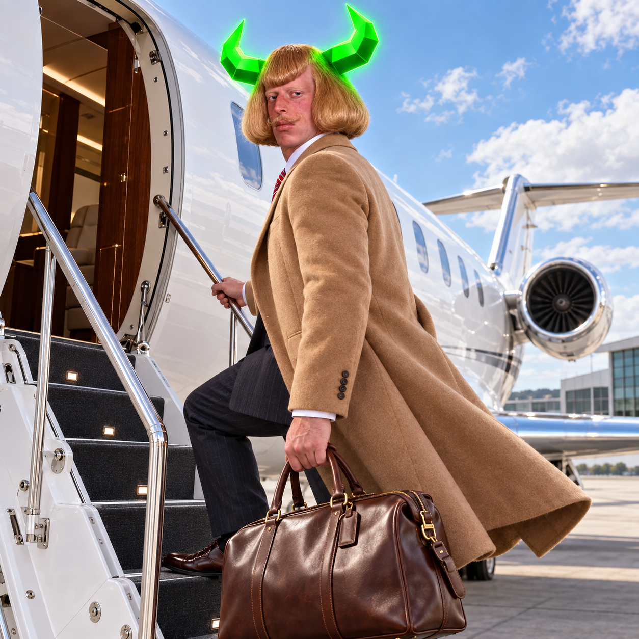 JEANSEM in a tan coat boarding a private jet